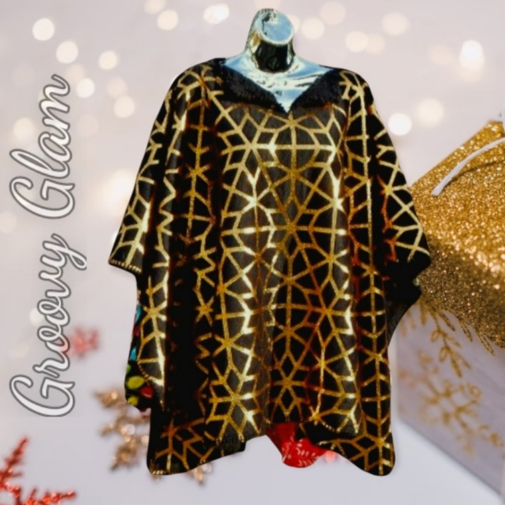 GROOVY GLAM Gold & Black Handmade Poncho Velvety Plush Faux Shearling Sheepskin